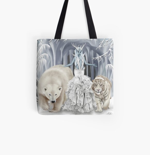 Ice Faerie with Polar Bear & White Tiger All Over Print Tote Bag