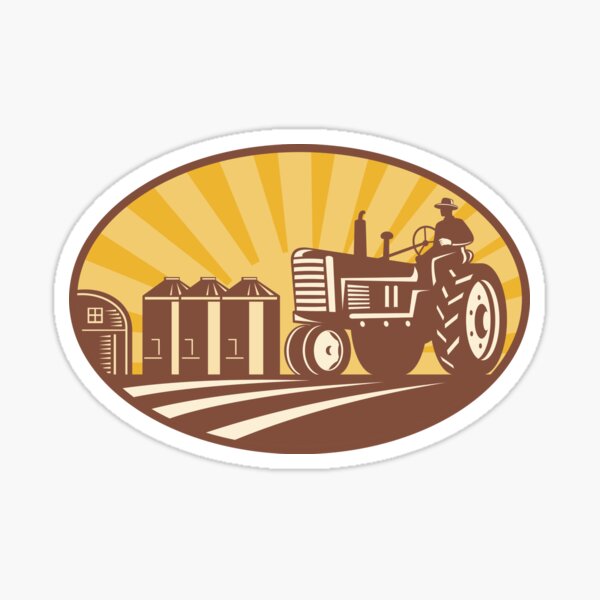 Farmer Driving Vintage Tractor Retro Woodcut Sticker