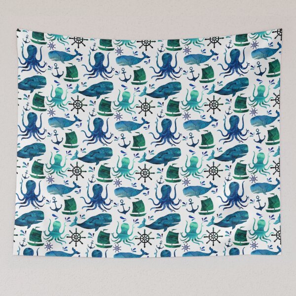 Item preview, Watercolor Ocean Nautical Whale Octopus designed and sold by SamAnnDesigns.