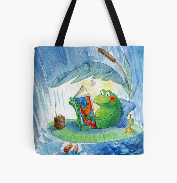 A frog reading on a rainy day All Over Print Tote Bag