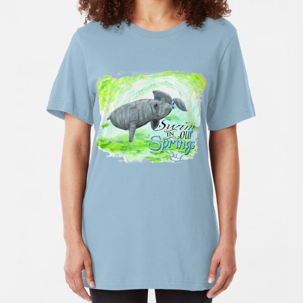 Manatees 'Swim in our Springs' (uneven border) Slim Fit T-Shirt
