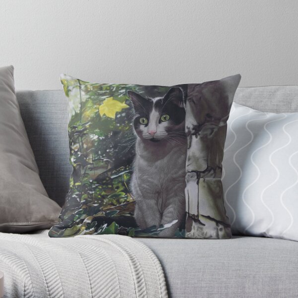 Tuxedo Cat in garden Throw Pillow