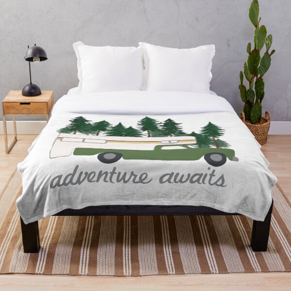 Adventure Awaits Vintage Truck Camper RV Motorhome Green Trees Throw Blanket