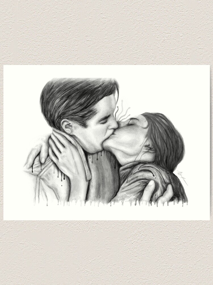 Romantic drawing of a kiss on the cheek. Cute couple sketch. Poster