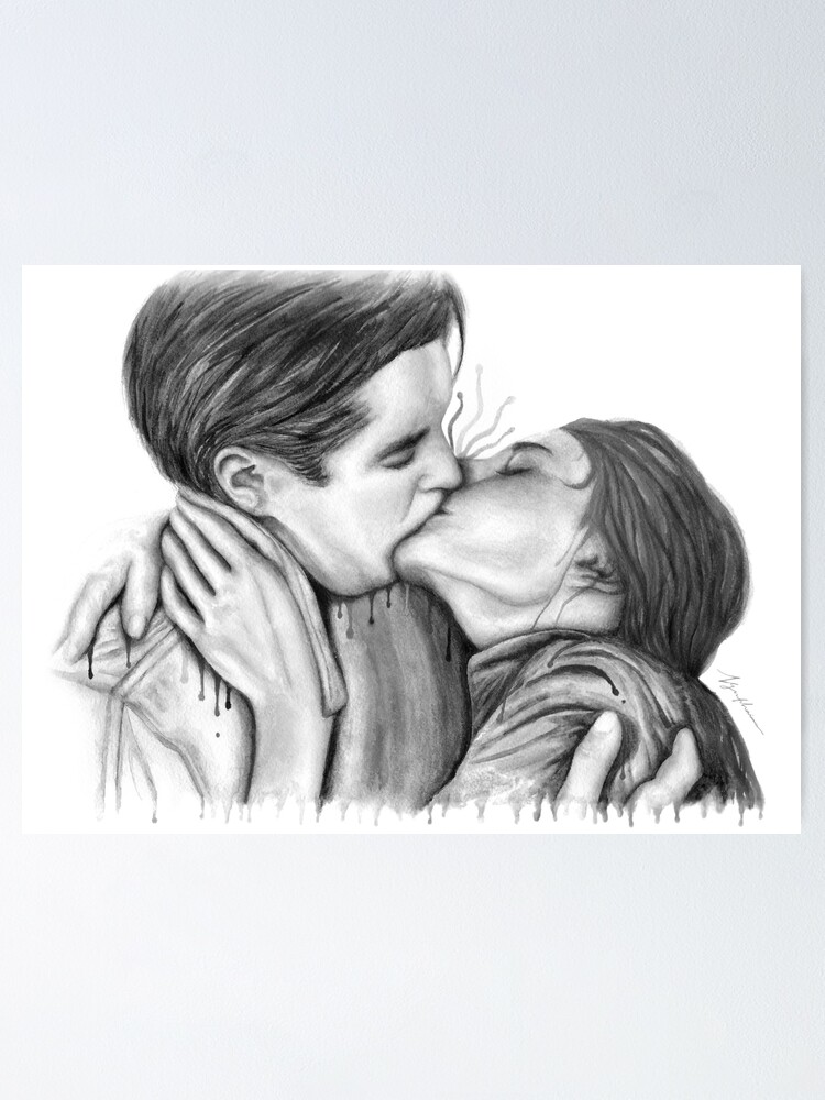 Romantic drawing of a kiss on the cheek. Cute couple sketch. Poster, romantic  drawings for her