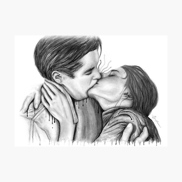 Romantic drawing of a kiss on the cheek. Cute couple sketch