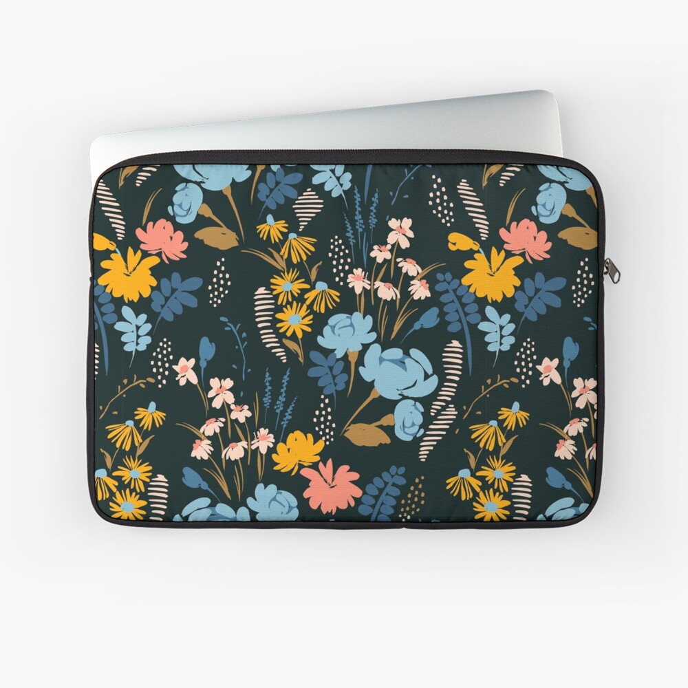 Pattern of blue, pink and yellow flowers on black background Laptop Sleeve