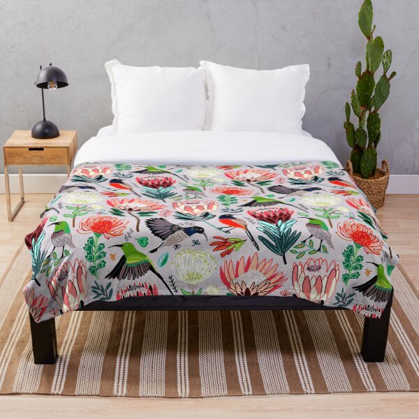 Sunbirds & Proteas On Grey Throw Blanket