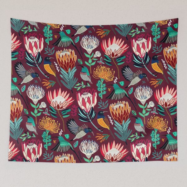 Item preview, Sunbirds & Proteas On Maroon  designed and sold by TigaTiga.