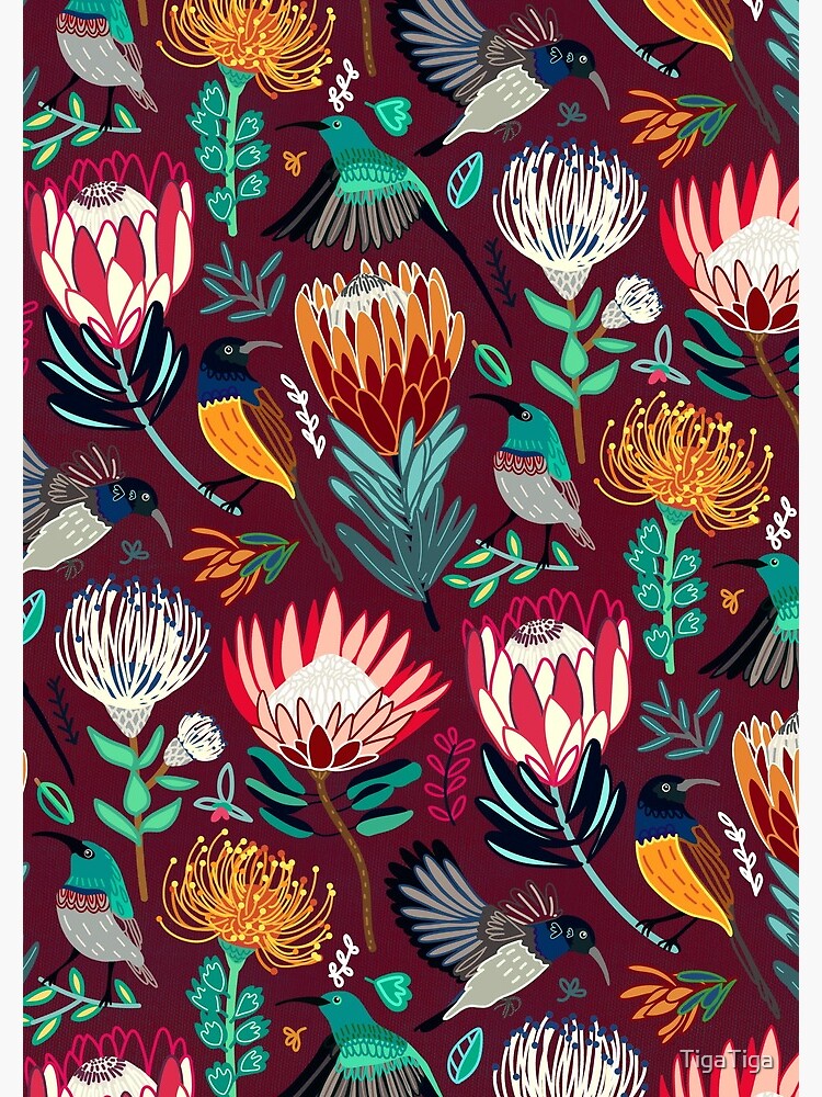 Sunbirds & Proteas On Maroon by TigaTiga
