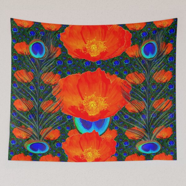 Item preview, ORANGE POPPIES  BLUE PEACOCK FEATHERS ABSTRACT  designed and sold by sharlesart.