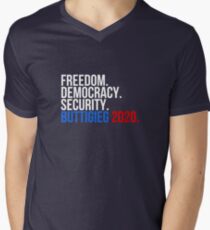 Camiseta para hombre de cuello en v Libertad, democracia, seguridad, Buttigieg 2020 parachoques pegatina lema