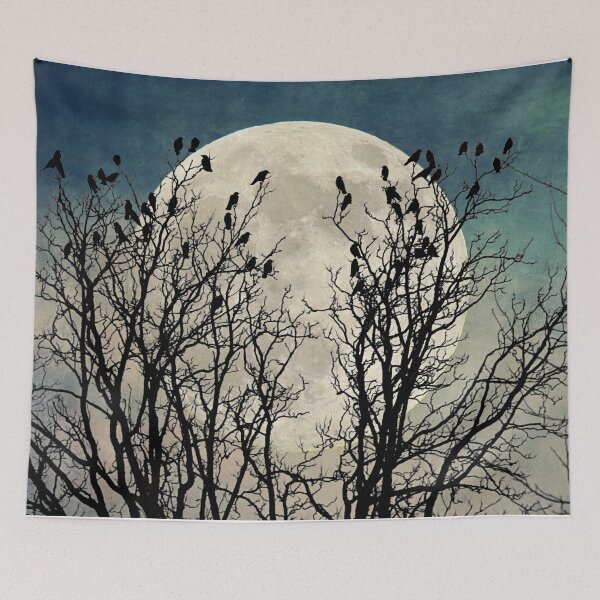 Item preview, Black Birds Crow Raven Tree Moon Teal Blue Sky Art A541 designed and sold by byNicol.