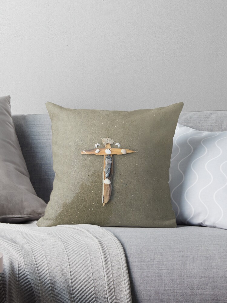 Thumbnail 1 of 4, Pillow, Driftwood cross on beach sand - From ccnow.info designed and sold by sdawsoncc.