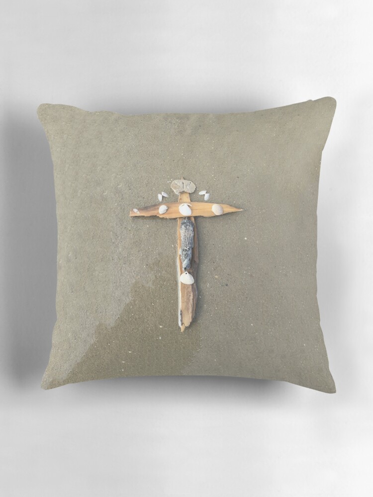 Thumbnail 3 of 4, Pillow, Driftwood cross on beach sand - From ccnow.info designed and sold by sdawsoncc.