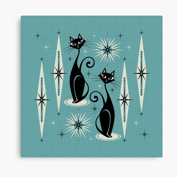 Mid Century Meow on Blue - Large Scale Canvas Print