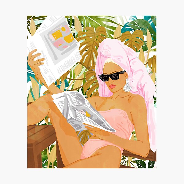 Vacay News, Tropical Modern Bohemian Illustration, Travel Woman Fashion Newspaper Painting Photographic Print
