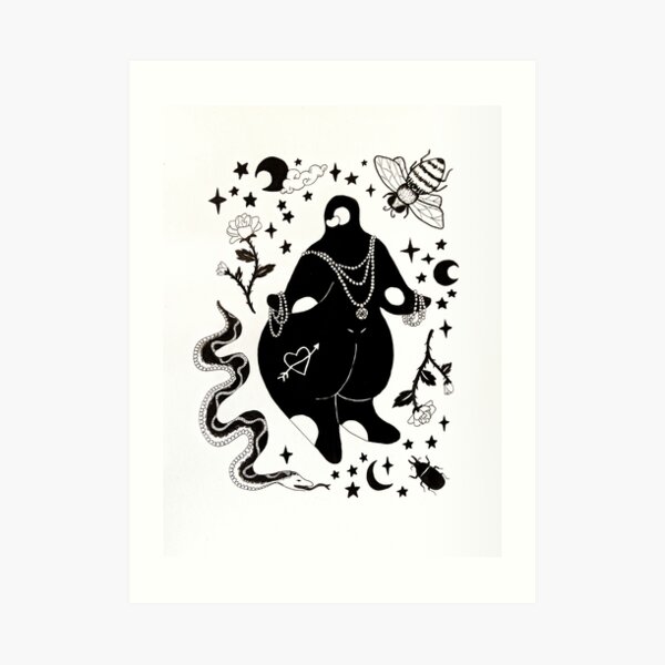 Venus Nana draped in pearls amongst roses, bugs and a snake. Art Print