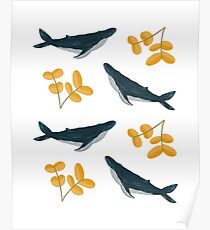 Happy Whales and Florals Pattern Poster