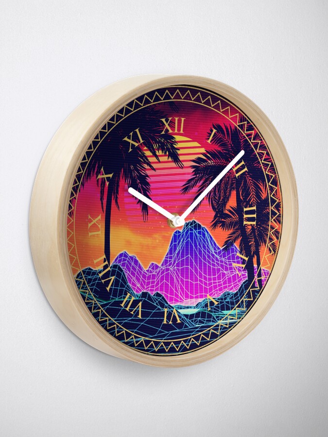 Alternate view of 80s Vaprwave rocks and palm trees design Clock