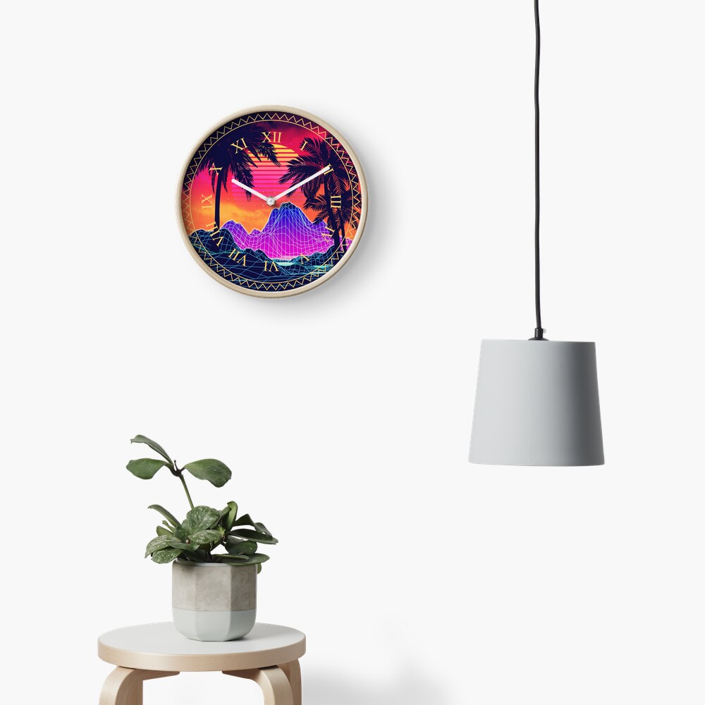 80s Vaprwave rocks and palm trees design Clock