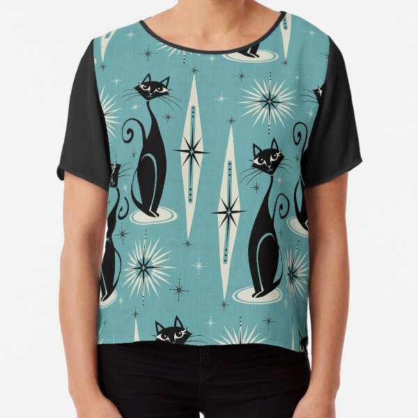 Mid Century Meow on Blue Chiffon Top
