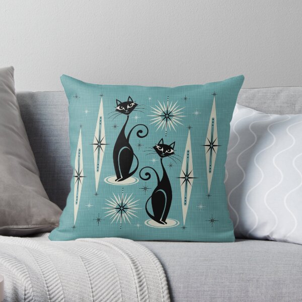Mid Century Meow on Blue - Large Scale Throw Pillow