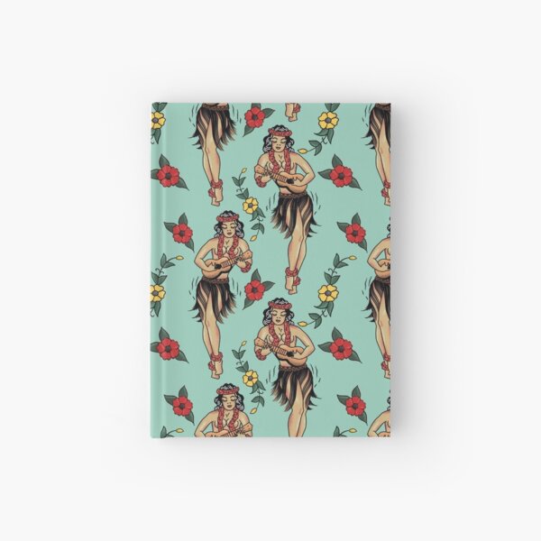 Jerry’s Traditional Aloha Hula Girls In Hawaii Pattern In Aqua Hardcover Journal
