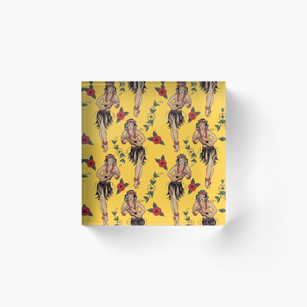Jerry’s Traditional Aloha Hula Girls In Hawaii Pattern In Yellow Acrylic Block