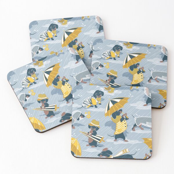 Item preview, Ready For a Rainy Walk // pastel blue background dachshunds dogs with yellow and transparent rain coats designed and sold by SelmaCardoso.