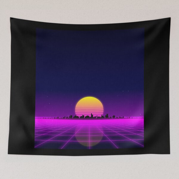 Item preview, Retro 1980s synthwave glowing neon lights plane with sun and city designed and sold by UDDesign.