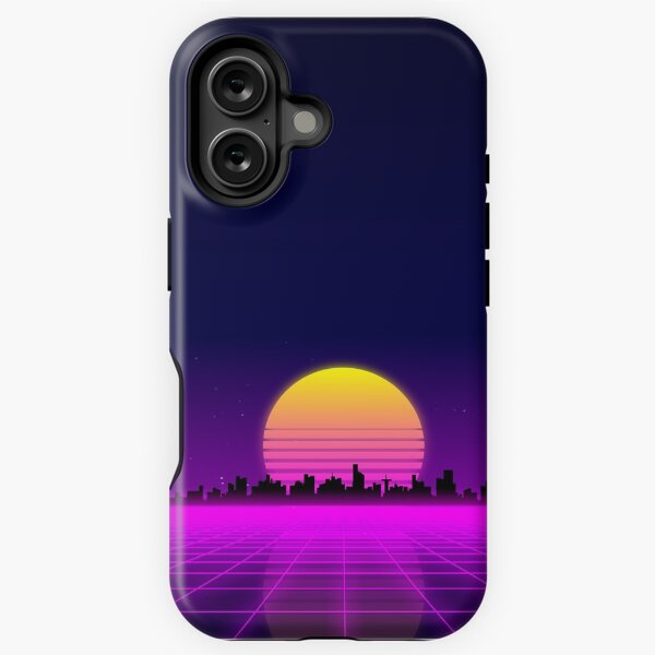 Item preview, Retro 1980s synthwave glowing neon lights plane with sun and city designed and sold by UDDesign.