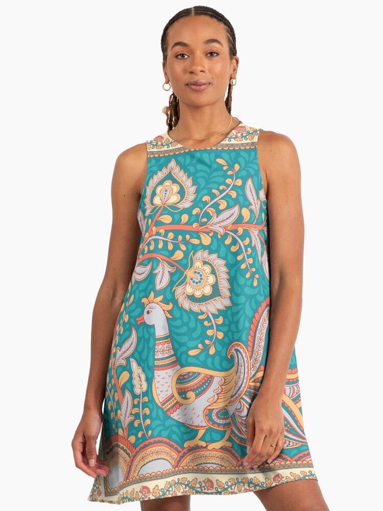 Peacock, flower branch on a turquoise background in a patterned frame. Indian style. Kalamkari." A-Line Dress for Sale by Skaska | Redbubble Peacock, flower branch on a turquoise background in a patterned frame. Indian style. Kalamkari." A-Line Dress for Sale by Skaska | Redbubble
