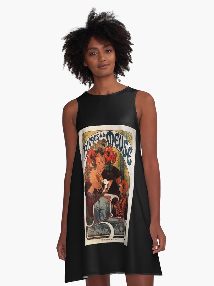 Thumbnail 1 of 4, A-Line Dress, 'Bieres de la Meuse' by Alphonse Mucha (Reproduction) designed and sold by RozAbellera.