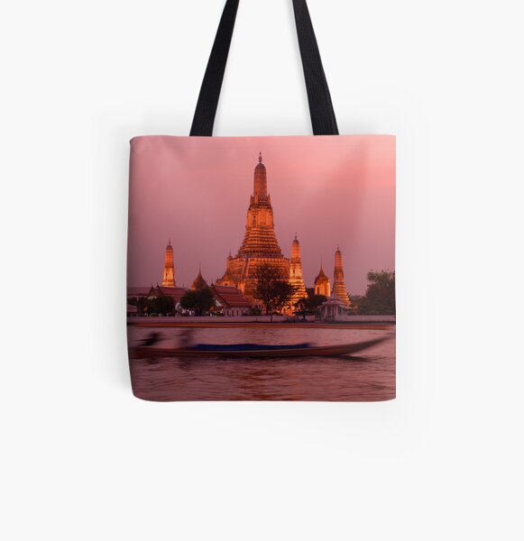 Sunset Temple And Boat All Over Print Tote Bag