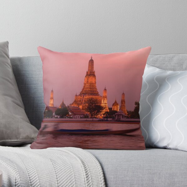 Sunset Temple And Boat Throw Pillow