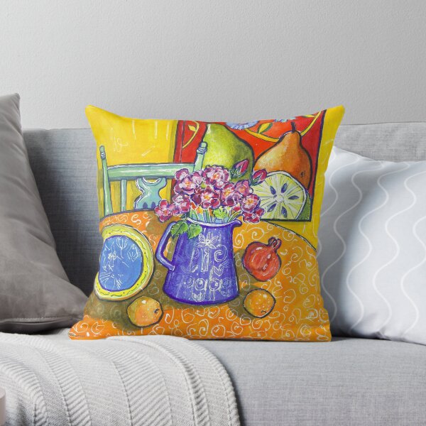 yellow interior, pink roses and a pomegranate Throw Pillow
