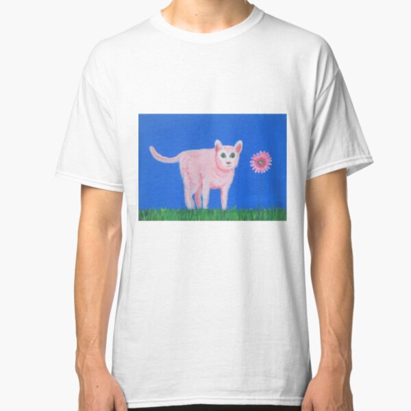 A Pink Cat walking in the grass next to a flower Classic T-Shirt