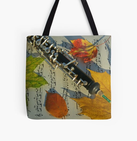 Sunlit Oboe and Sheet Music in Autumn All Over Print Tote Bag