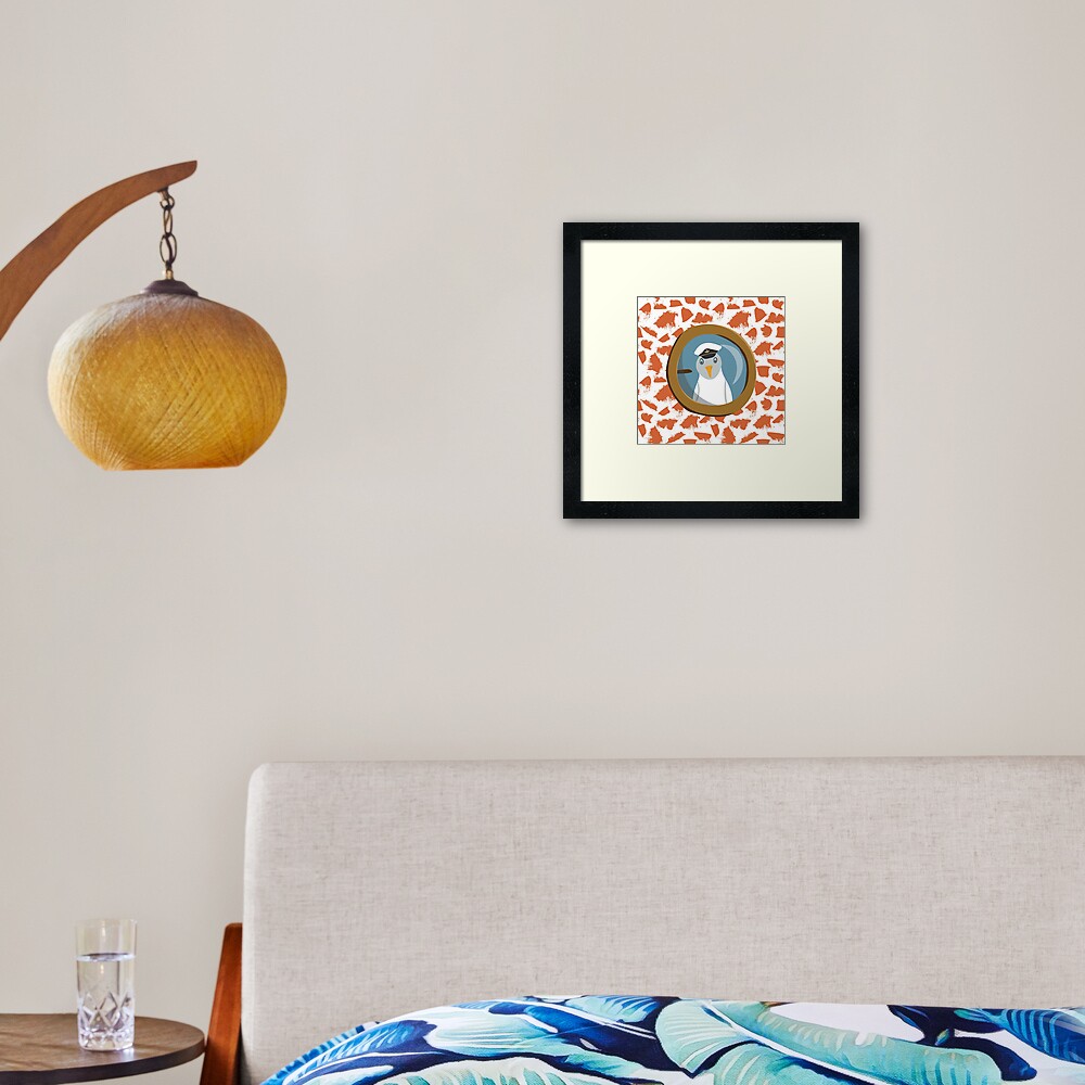 Funny seagull captain behind bull's eye on ship Framed Art Print
