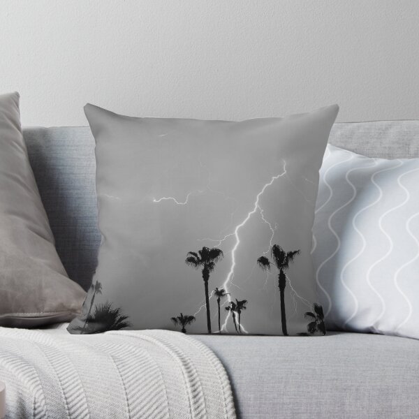 Black and white of a Lightning Storm and Tropical Palm Trees Throw Pillow