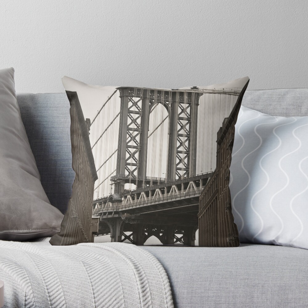 Empire State Building through arch of Manhattan Bridge Throw Pillow