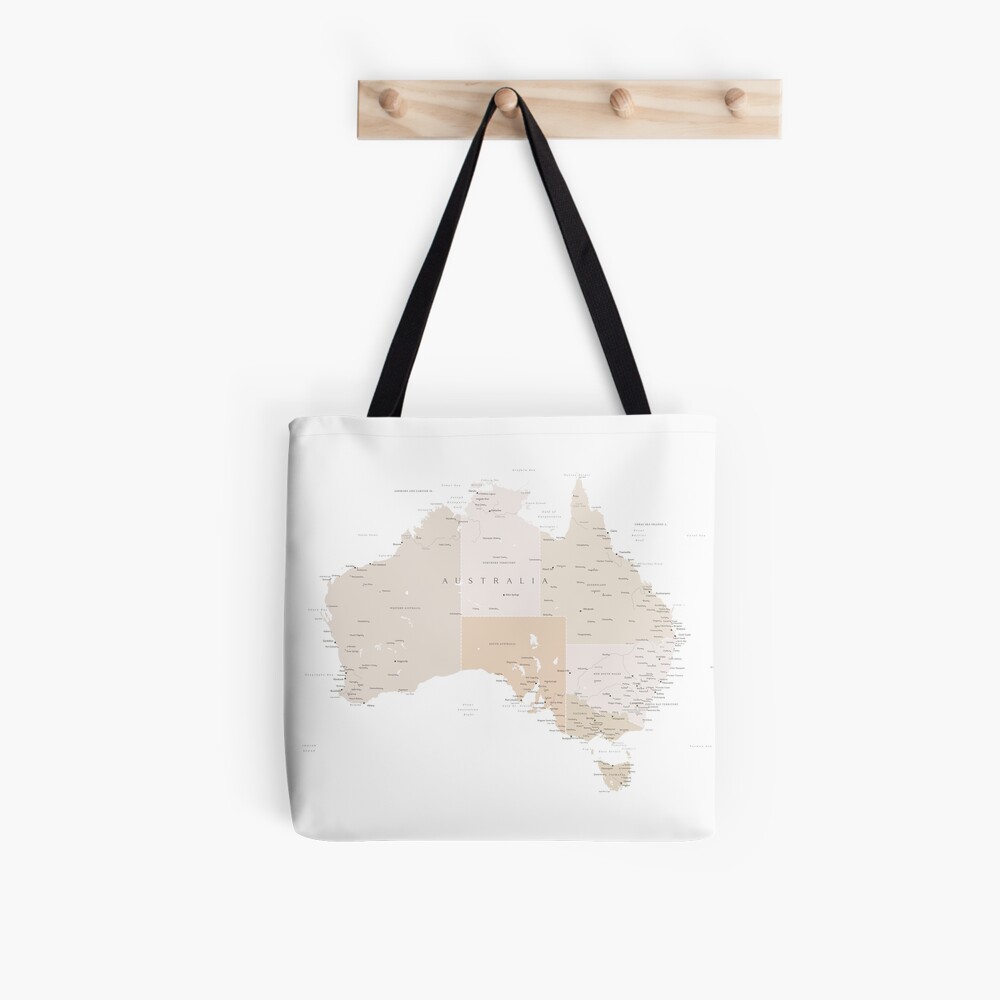 Map of Australia with cities in beige and light brown Tote Bag
