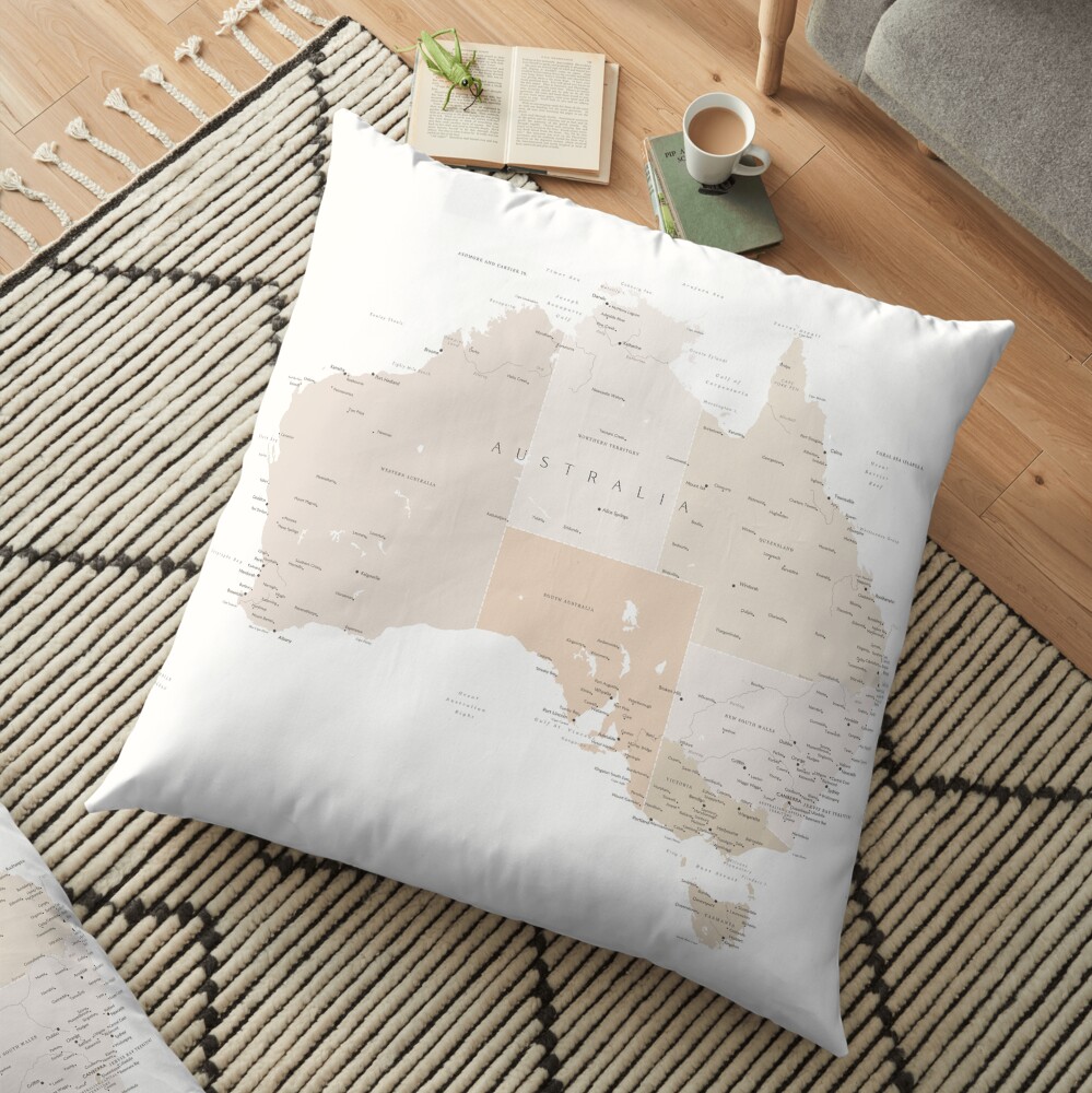 Map of Australia with cities in beige and light brown Floor Pillow