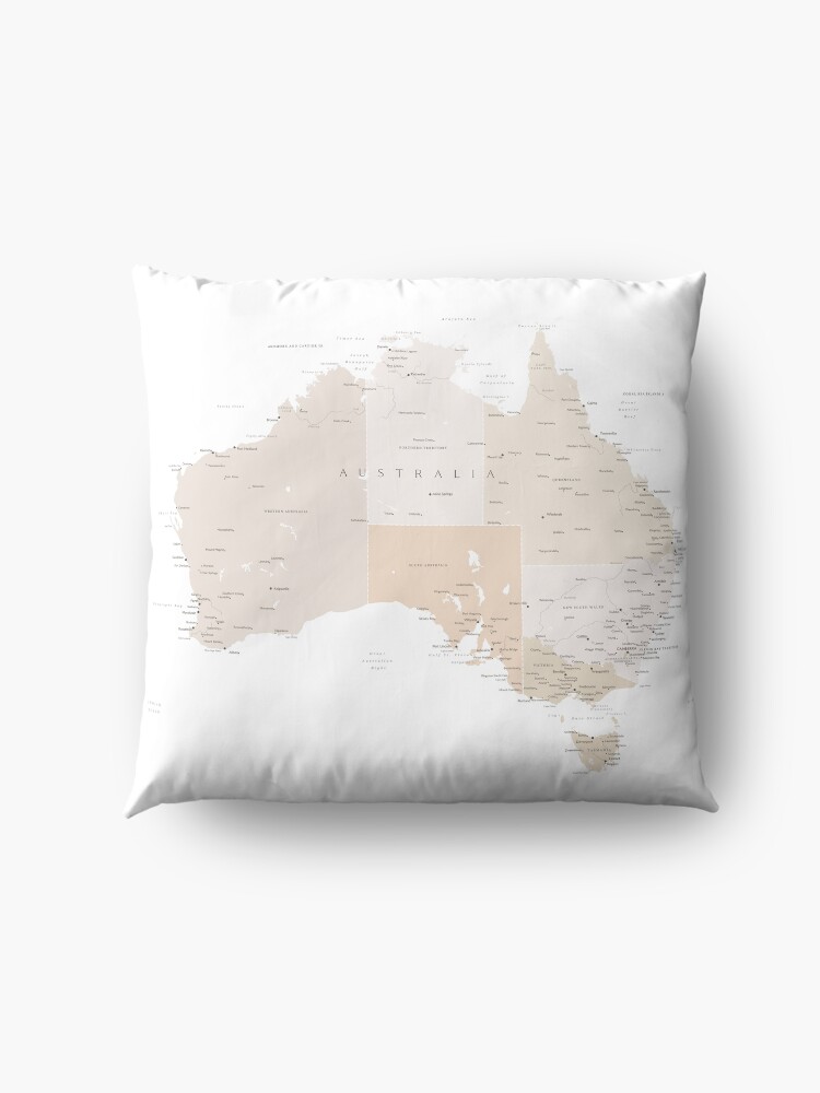 Alternate view of Map of Australia with cities in beige and light brown Floor Pillow