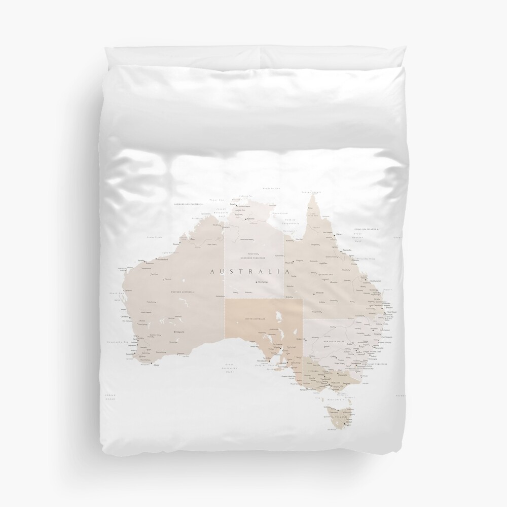 Map of Australia with cities in beige and light brown Duvet Cover