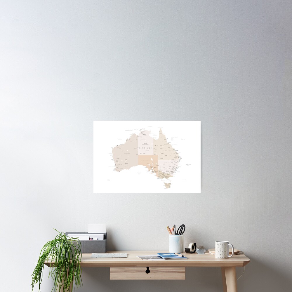 Map of Australia with cities in beige and light brown Poster