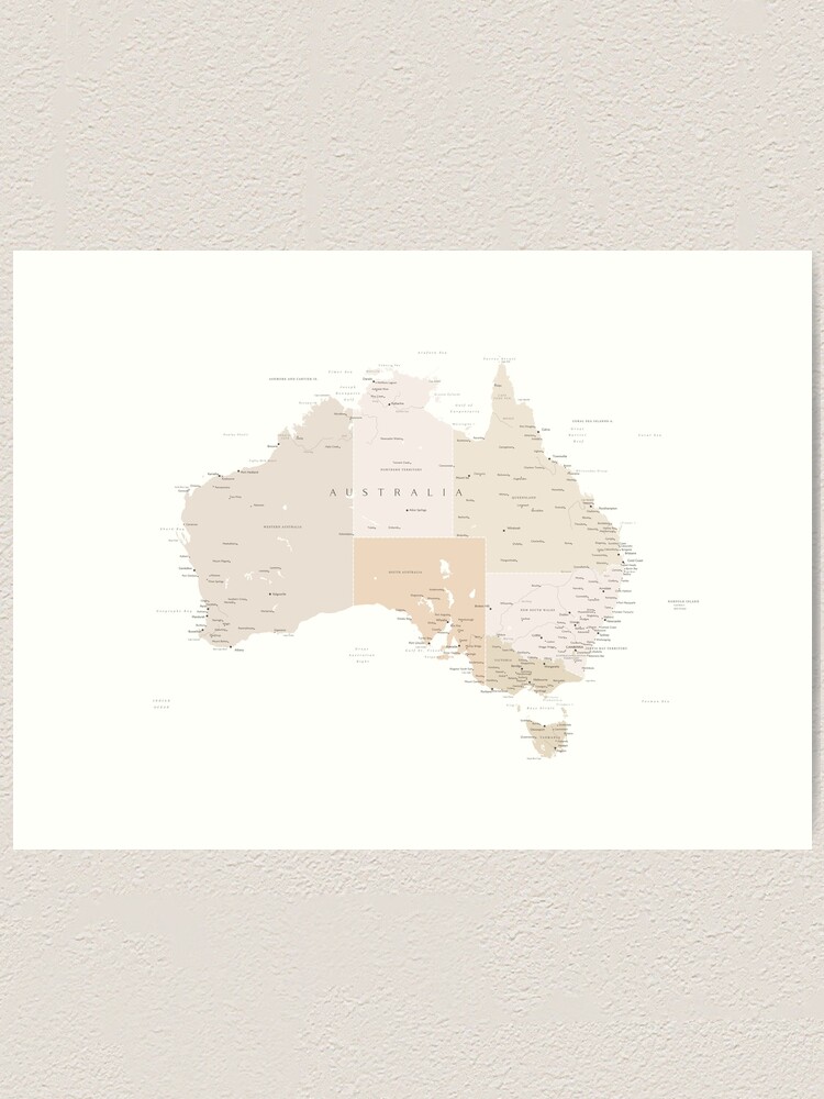 Alternate view of Map of Australia with cities in beige and light brown Art Print