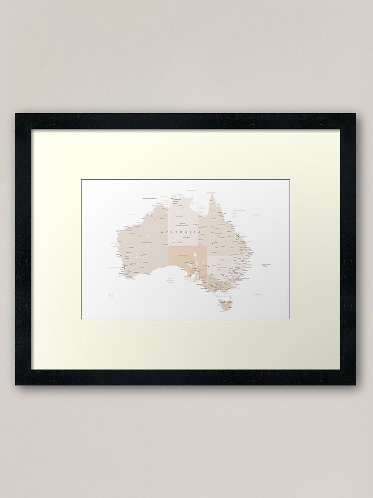 Alternate view of Map of Australia with cities in beige and light brown Framed Art Print