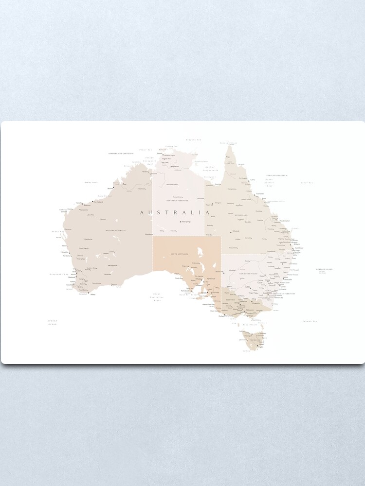 Alternate view of Map of Australia with cities in beige and light brown Metal Print